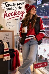 Femme en tenue sport chic prête pour un match de hockey aux couleurs de son équipe.