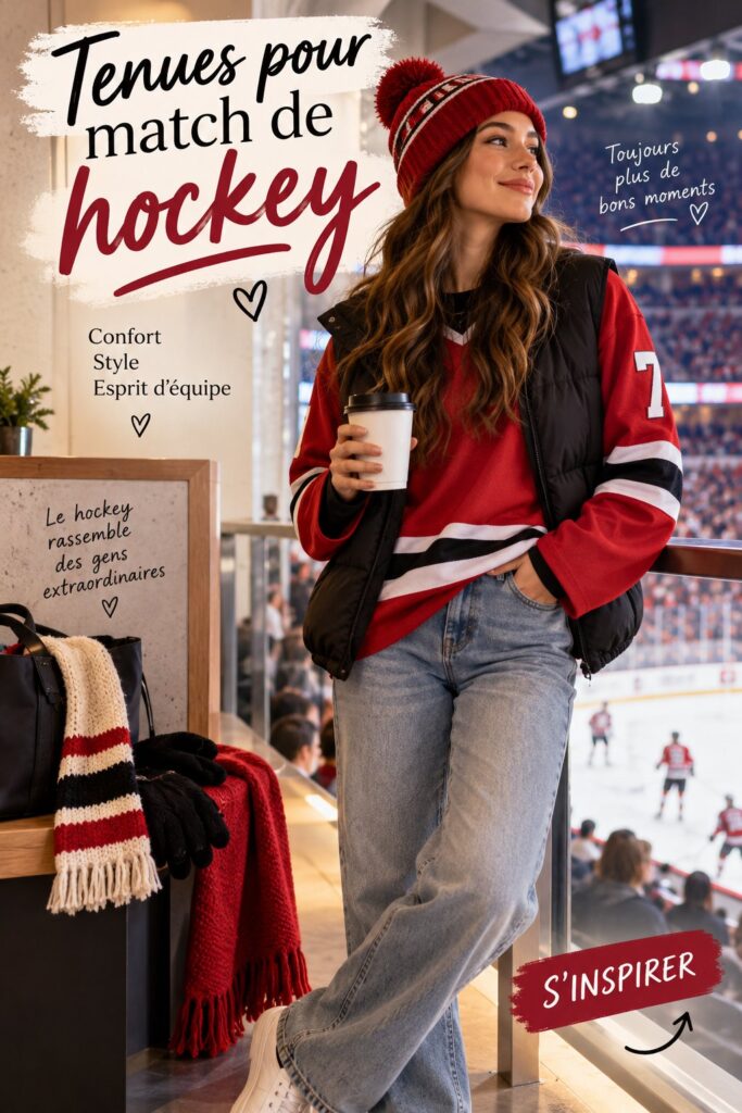 Femme en tenue sport chic prête pour un match de hockey aux couleurs de son équipe.