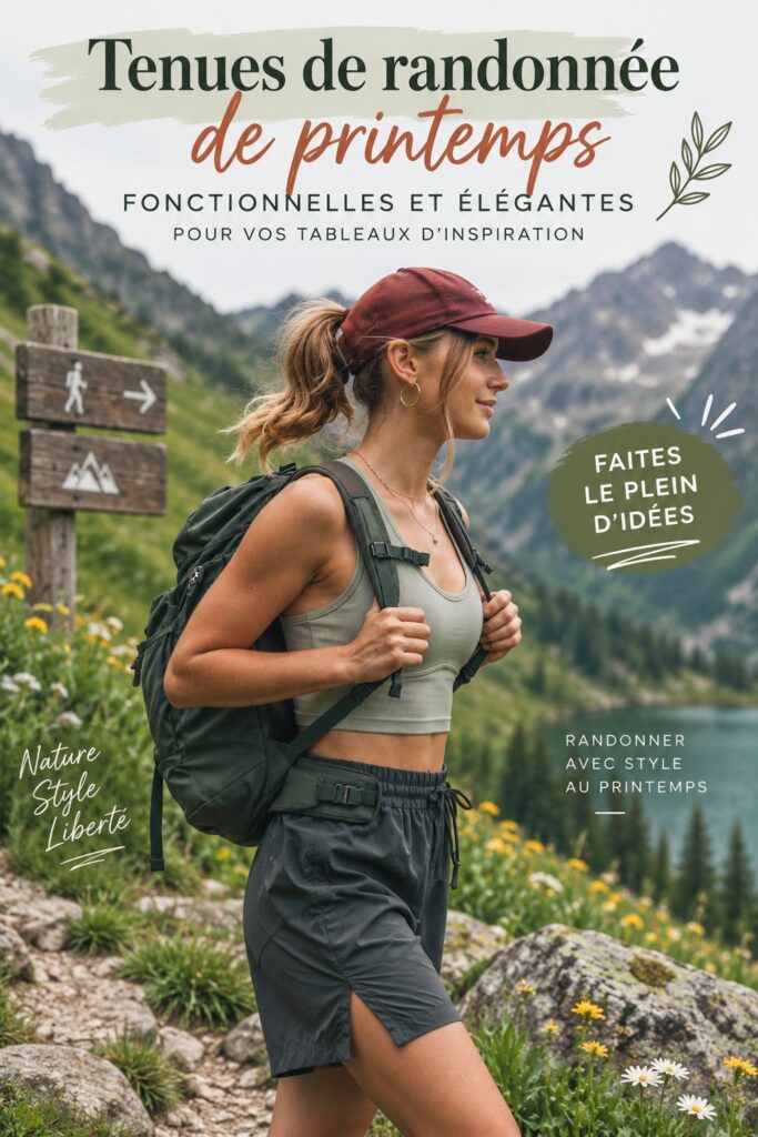 Femme en tenue de randonnée stylée au printemps dans la nature