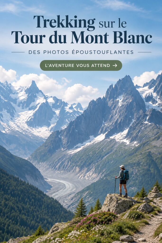 Femme sur le sentier du Tour du Mont Blanc avec des paysages alpins spectaculaires en arrière-plan