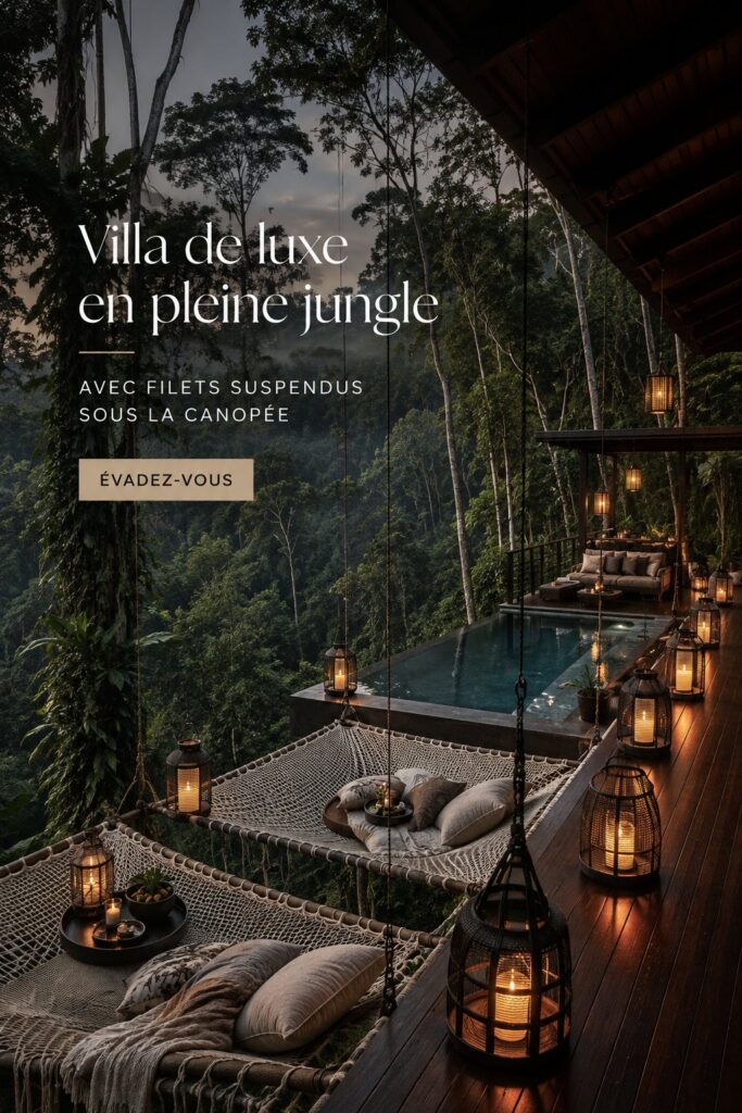 Vue d'une villa luxueuse en pleine jungle avec des hamacs suspendus, mettant en avant le luxe et la détente.
