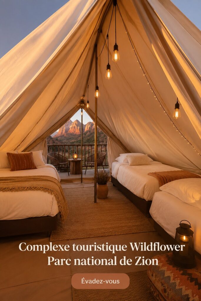 Vue panoramique du Wildflower Resort situé dans le parc national de Zion, entouré de paysages naturels.