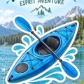 Autocollant bleu de kayak avec pagaie sur un fond de nature.