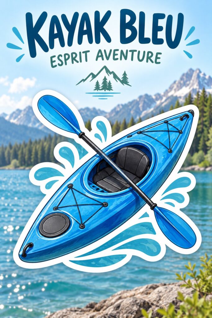 Autocollant bleu de kayak avec pagaie sur un fond de nature.