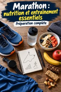 Femme prenant un repas nutritif avant le marathon, mettant en avant des aliments sains et énergétiques.