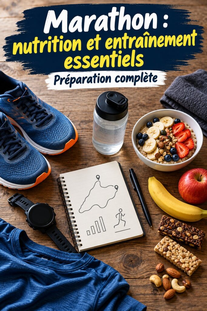 Femme prenant un repas nutritif avant le marathon, mettant en avant des aliments sains et énergétiques.