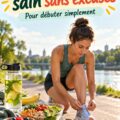 Femme courant dans un parc avec des aliments sains en arrière-plan