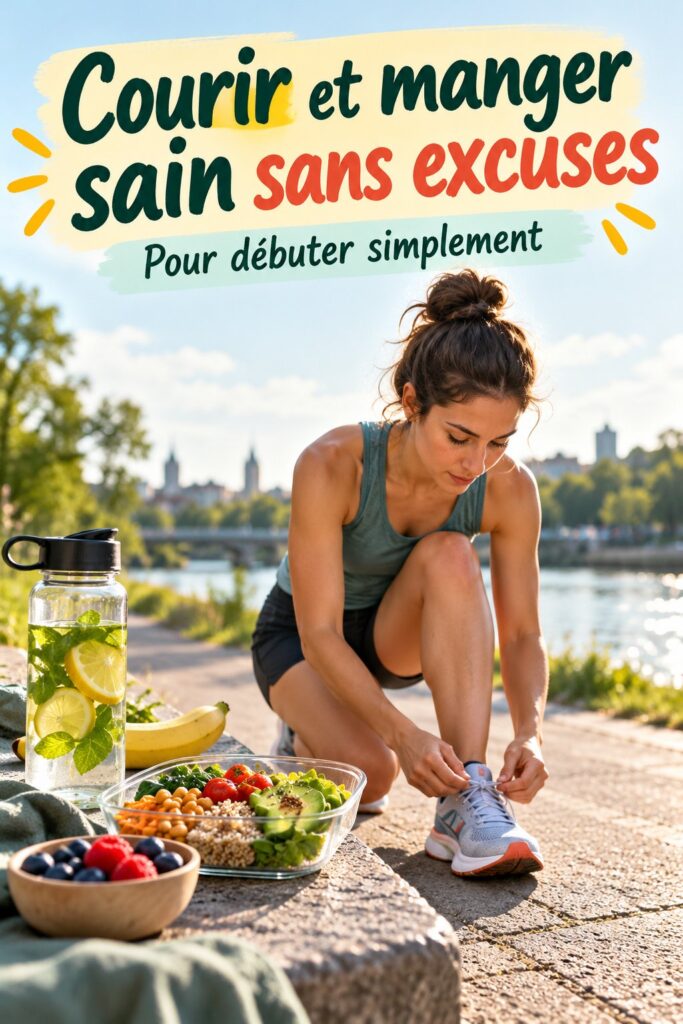 Femme courant dans un parc avec des aliments sains en arrière-plan
