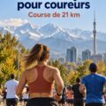 Coureurs participant au demi-marathon d'Almaty, entourés de paysages montagneux magnifiques.