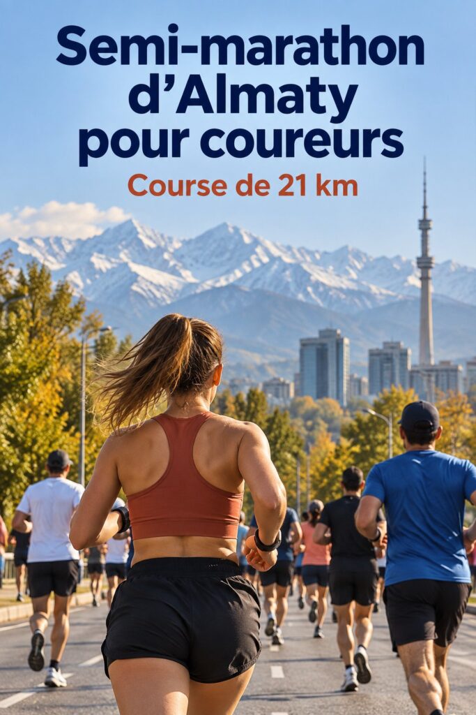 Coureurs participant au demi-marathon d'Almaty, entourés de paysages montagneux magnifiques.