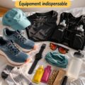 Une femme souriante se préparant pour un semi-marathon, équipée de ses essentiels de course.