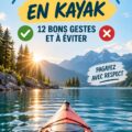 Femme pratiquant le kayak sur un lac paisible, respectant les règles d'étiquette en pleine nature.