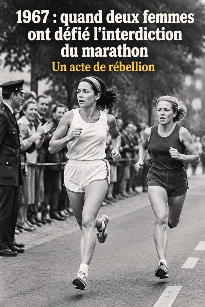 Deux femmes courant sur une route avec le numéro du marathon de Boston en fond, symbolisant l'histoire du marathon.
