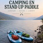 Femme sur un paddle board en pleine nature, prête pour le camping