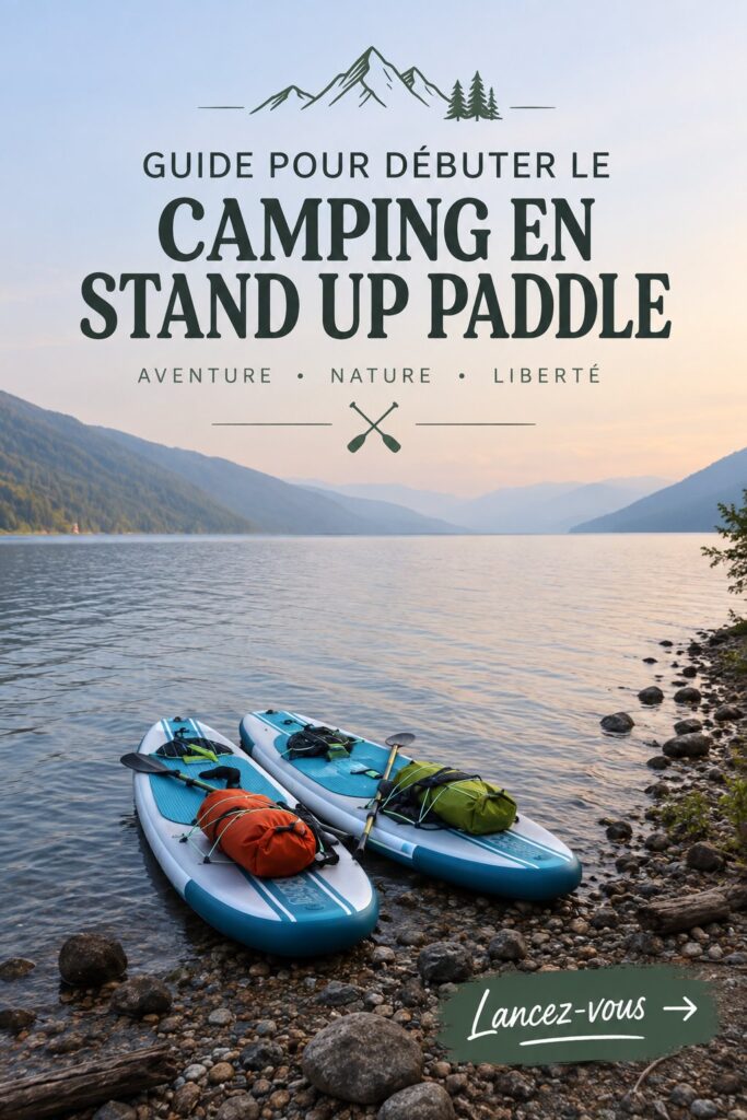 Femme sur un paddle board en pleine nature, prête pour le camping