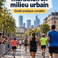 Femme courant dans un marathon en ville avec un groupe de coureurs, ambiance festive et urbaine.