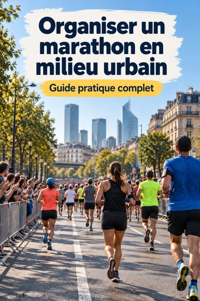Femme courant dans un marathon en ville avec un groupe de coureurs, ambiance festive et urbaine.