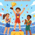 Illustration d'une athlète cartoon tenant un trophée, idéale pour des projets sportifs.