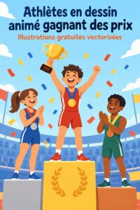 Illustration d'une athlète cartoon tenant un trophée, idéale pour des projets sportifs.