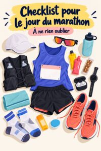 Femme préparant son équipement pour le marathon avec une liste d'indispensables en vue.