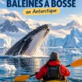 Un kayak naviguant dans les eaux glacées de l'Antarctique avec une baleine à bosse émergeant à proximité.