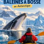 Un kayak naviguant dans les eaux glacées de l'Antarctique avec une baleine à bosse émergeant à proximité.