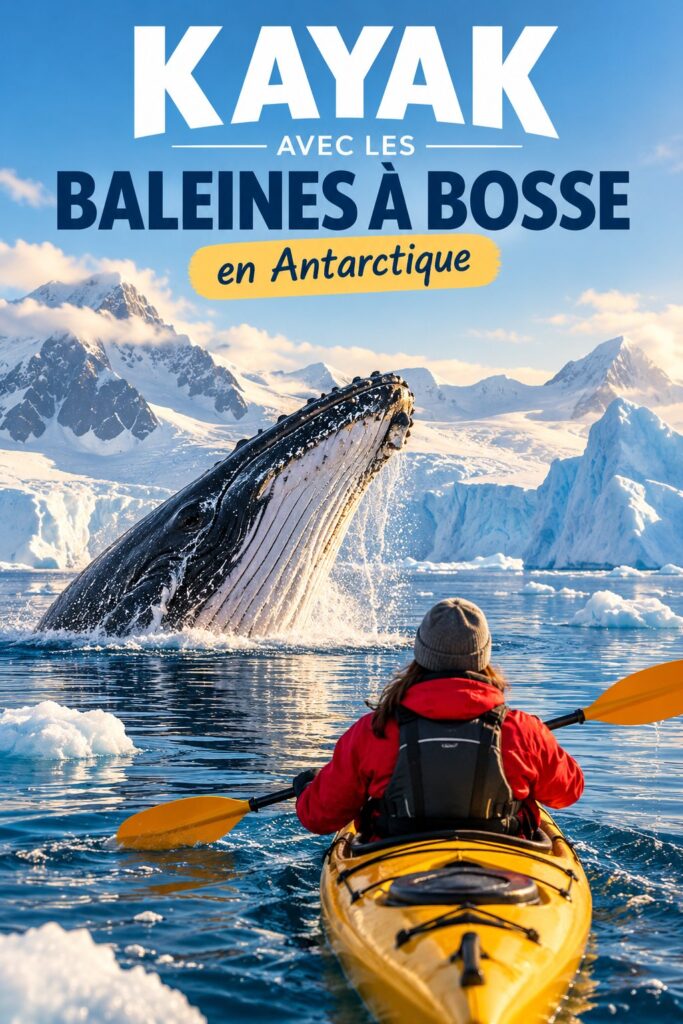 Un kayak naviguant dans les eaux glacées de l'Antarctique avec une baleine à bosse émergeant à proximité.