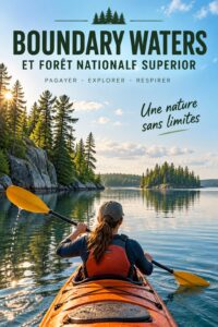 Deux femmes en kayak sur un lac des Boundary Waters entourées de forêt