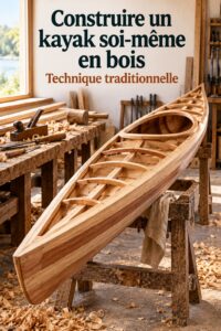 Un kayak strip-built terminé, prêt pour l'aventure en plein air.