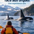 Kayak sur une mer calme avec des orques nageant à proximité