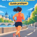 Coureuse urbaine en plein marathon sur route pavée.