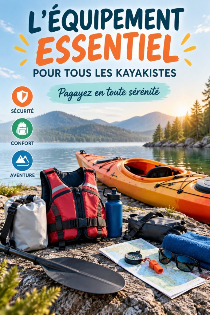 Vue d'un kayak et de son équipement essentiel sur un rivage