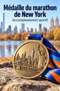 Médaille de marathon brillante suspendue sur un ruban coloré, symbole de réussite sportive.