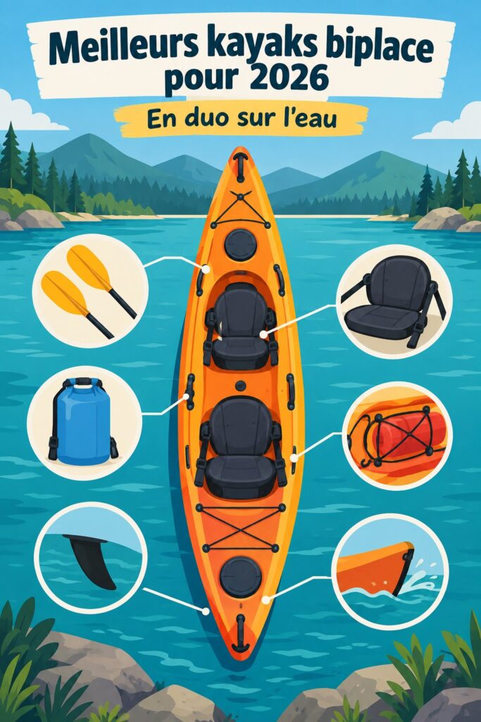 Un couple riant sur un kayak tandem sur un lac paisible, fleurs et arbres en arrière-plan