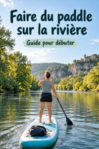 Femme pratiquant le paddleboard sur une rivière paisible au coucher du soleil.