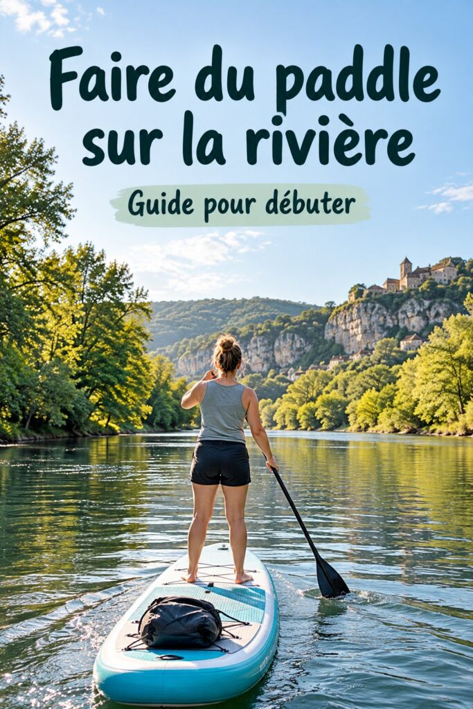 Femme pratiquant le paddleboard sur une rivière paisible au coucher du soleil.