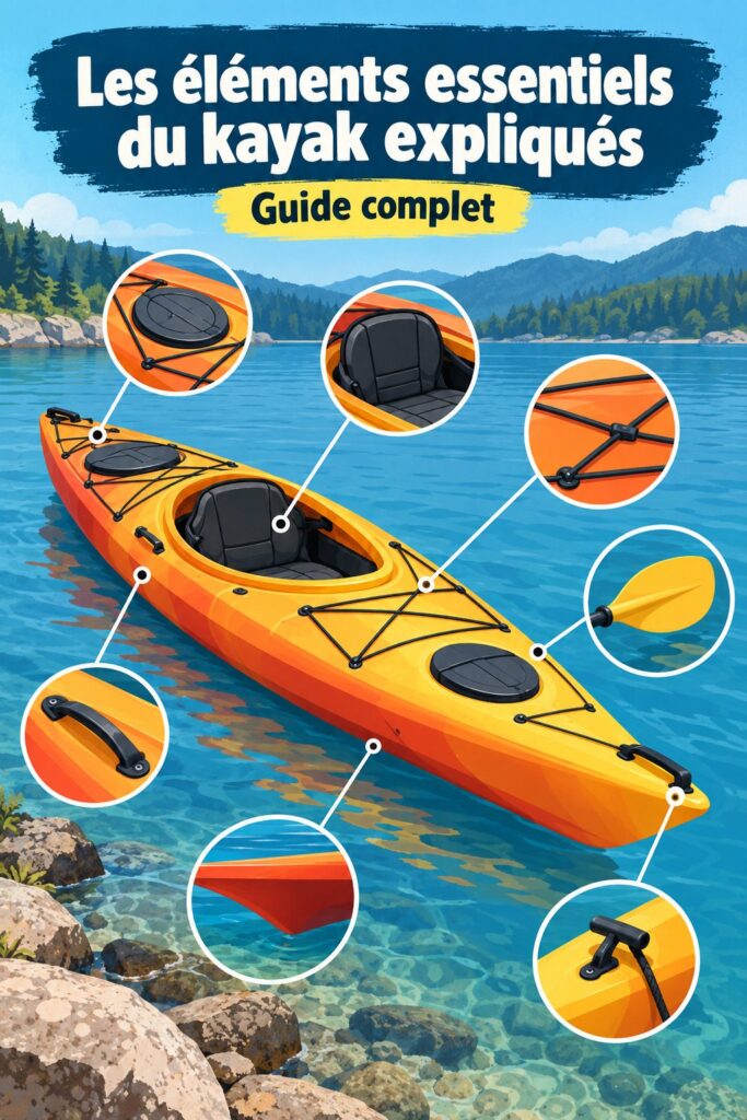 Un kayak sur un lac tranquille, illustrant ses différentes parties essentielles pour la navigation.