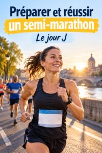 Femme courant lors d'un semi-marathon sous un ciel ensoleillé.