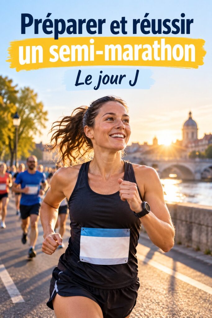 Femme courant lors d'un semi-marathon sous un ciel ensoleillé.