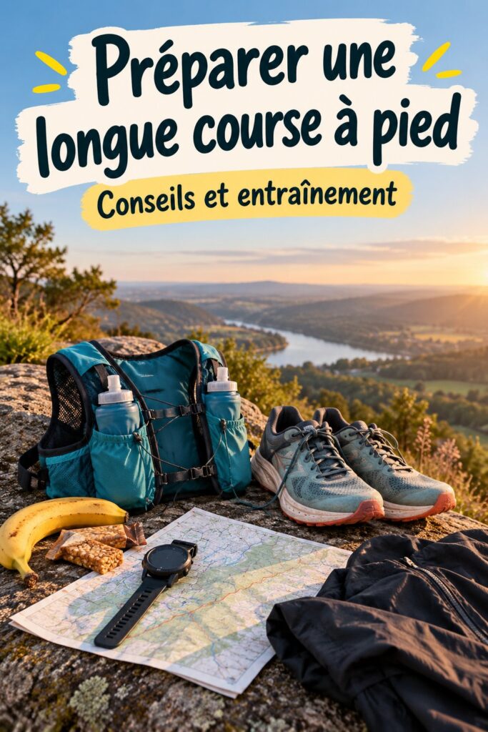 Femme courant lors d'un Long Run Day, avec des paysages naturels en arrière-plan.