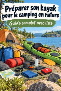 Une femme prépare son kayak pour partir en camping, avec des équipements soigneusement disposés.