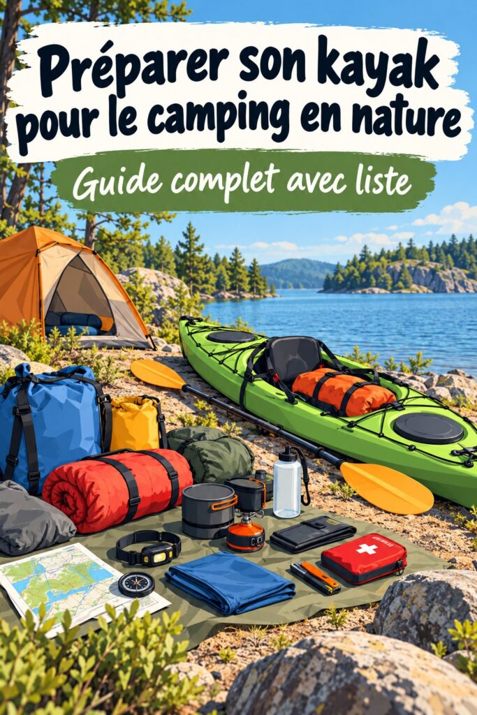 Une femme prépare son kayak pour partir en camping, avec des équipements soigneusement disposés.