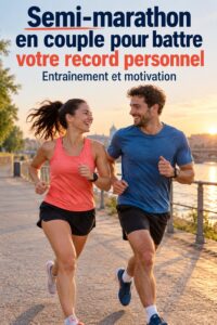 Un couple qui court ensemble lors du semi-marathon de Copenhague, avec la ville en arrière-plan.