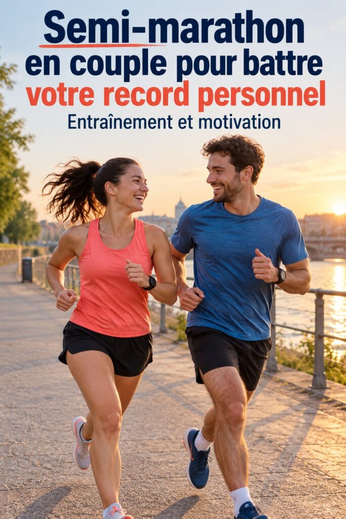 Un couple qui court ensemble lors du semi-marathon de Copenhague, avec la ville en arrière-plan.