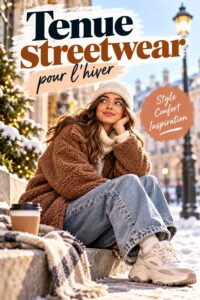Femme habillée en tenue streetwear d'hiver confortablement stylée dans un décor urbain.