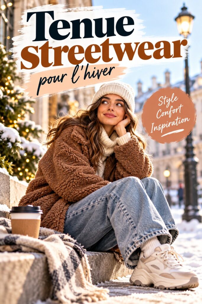 Femme habillée en tenue streetwear d'hiver confortablement stylée dans un décor urbain.